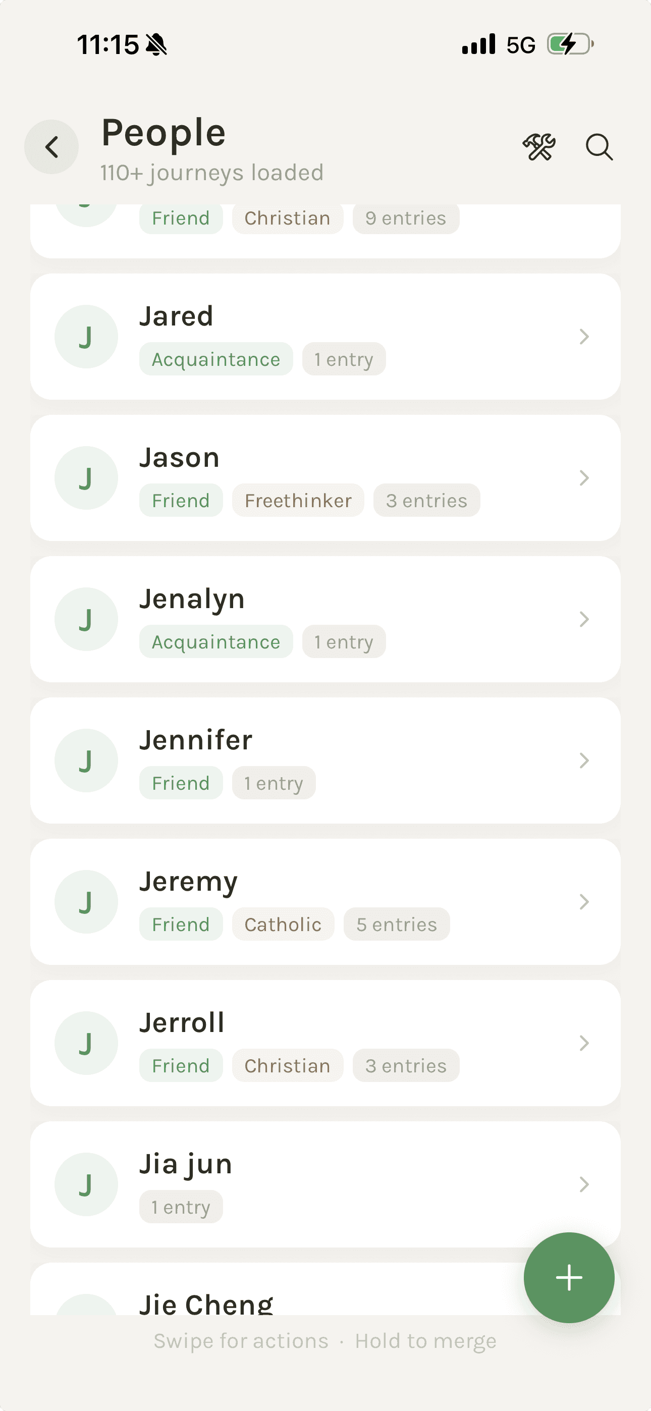 Pastures People Journeys list showing names, relationship tags, and entry counts