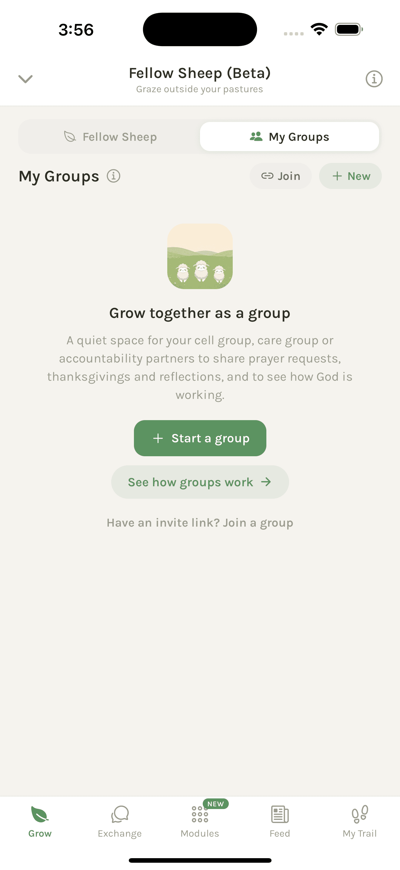 Fellow Sheep groups screen for sharing prayer requests, thanksgivings, and reflections.