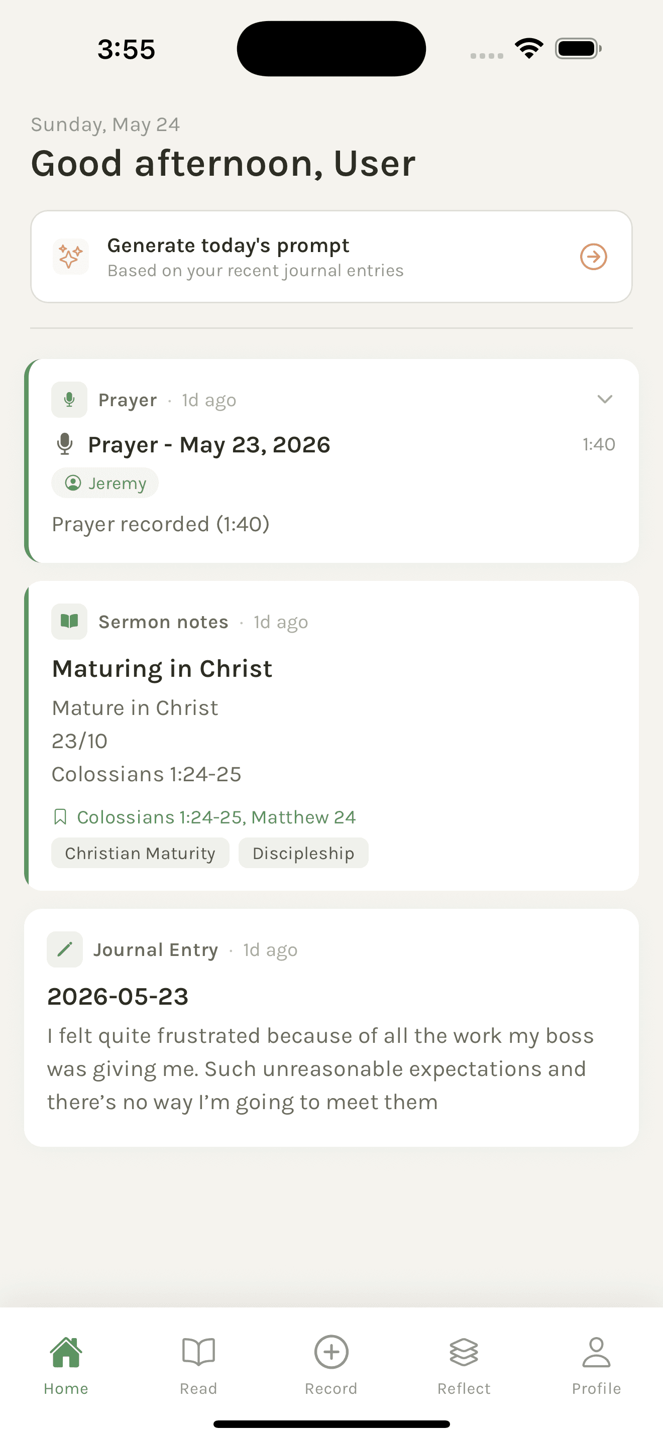 Pastures home screen showing prayer, sermon notes, journal entries, and a prompt action.