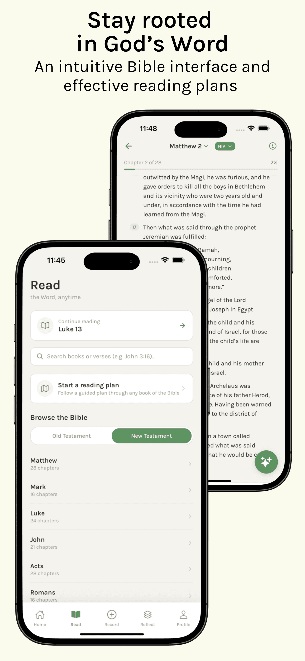 Pastures Bible reader and reading plan screen.