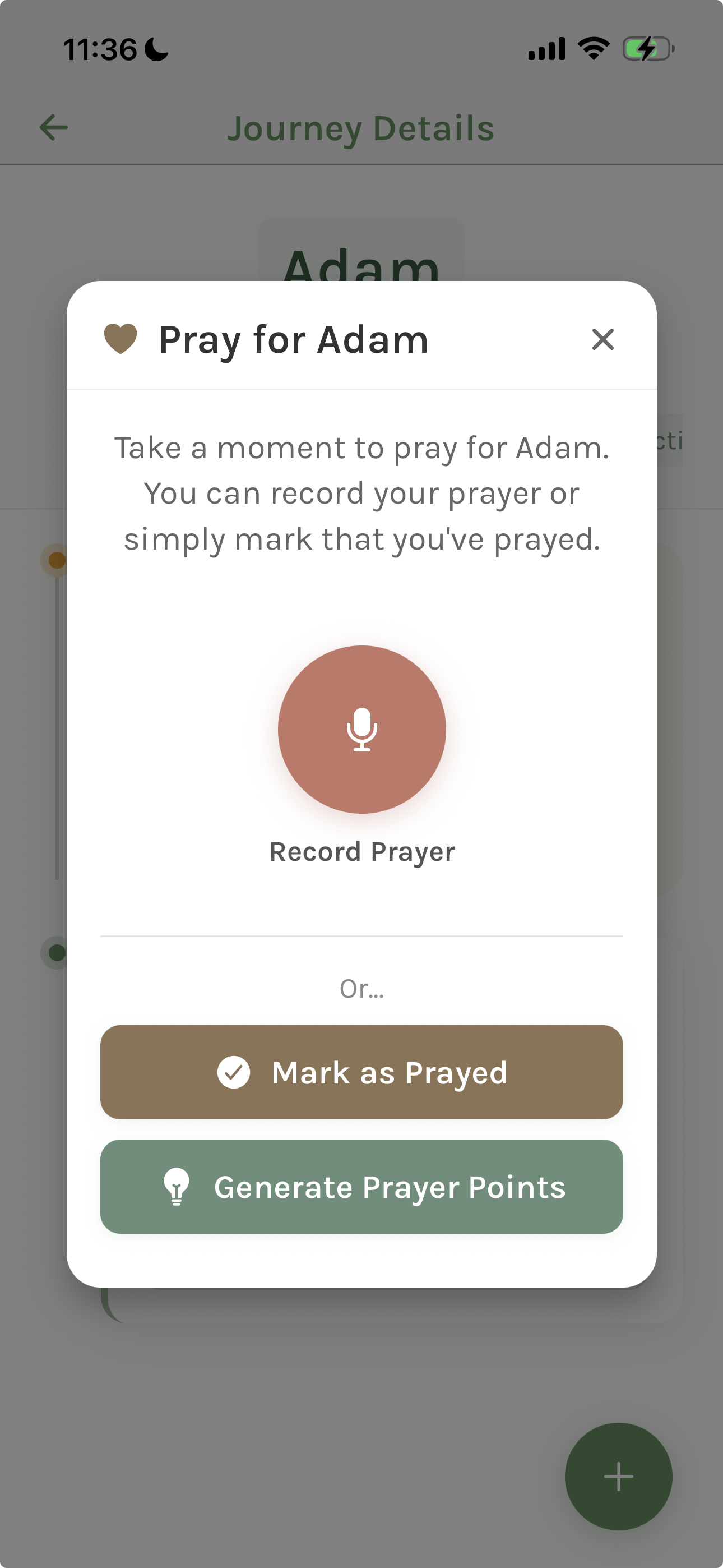 The interface for recording an audio prayer for a friend in Pastures