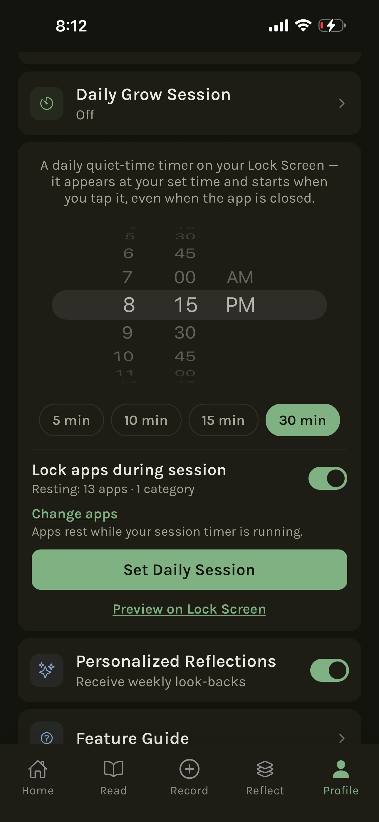 Daily Grow Session settings in the Pastures profile, with controls for the time, duration, and apps to rest
