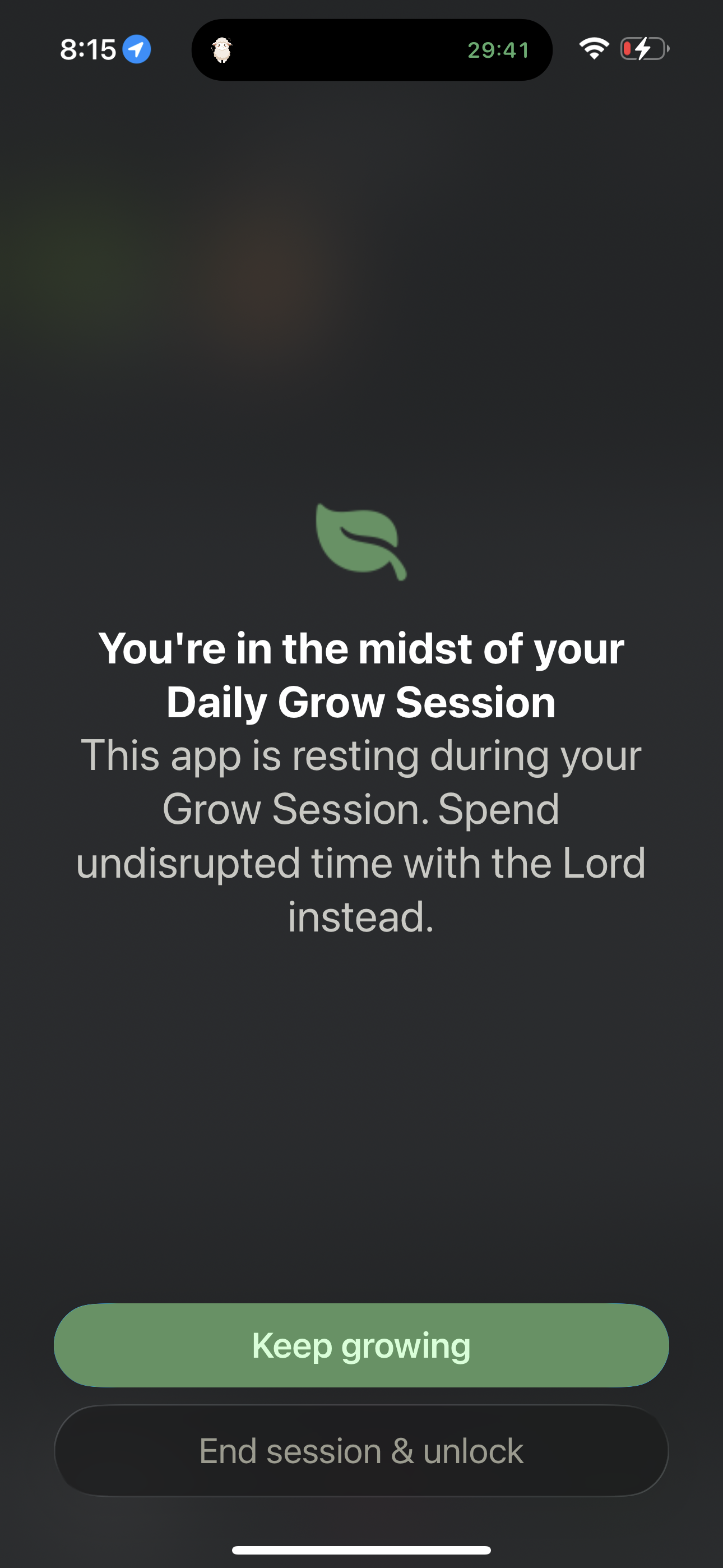 The Pastures shield shown when opening a resting app during a Daily Grow Session