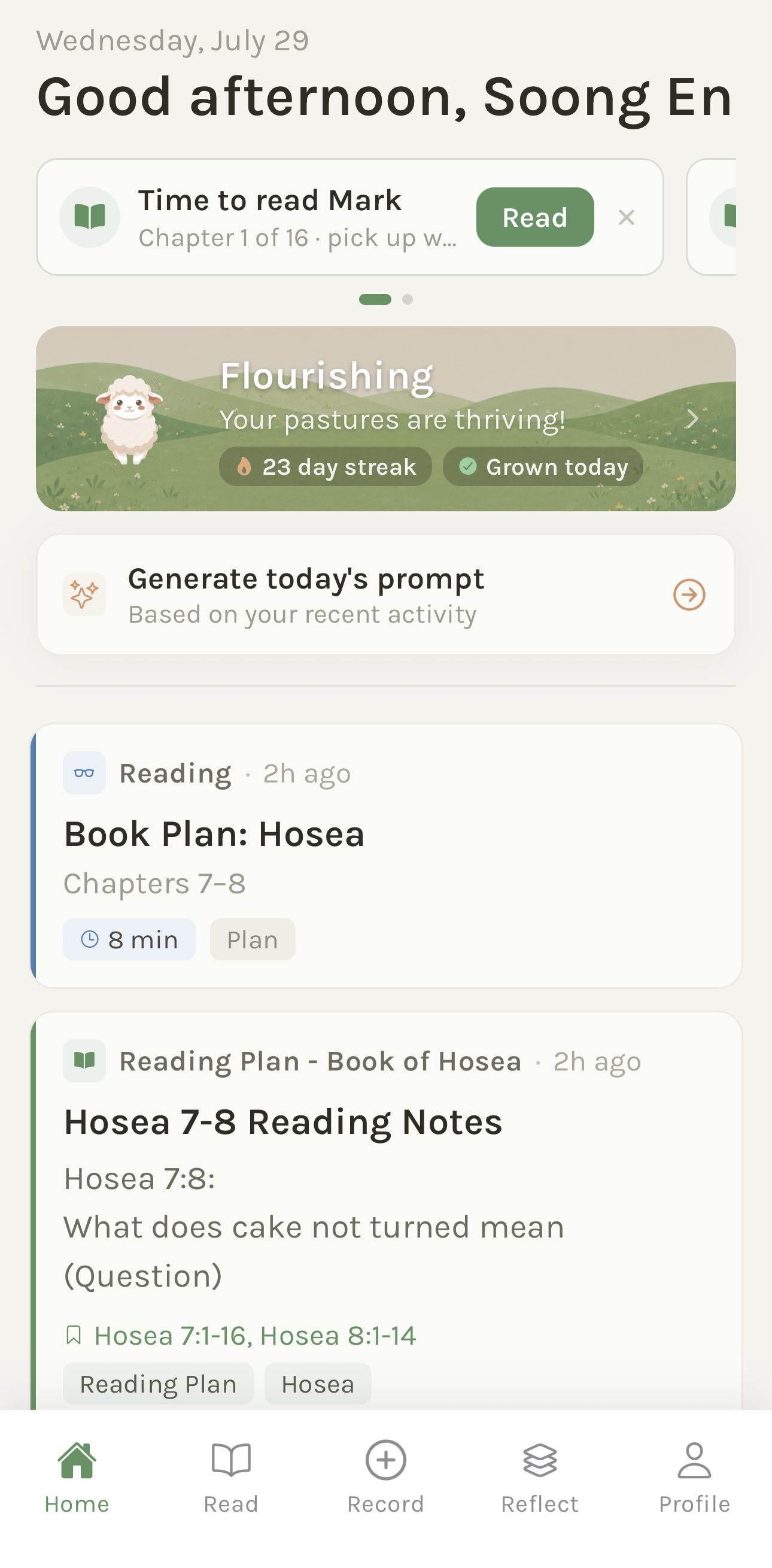 The Pastures home timeline showing a prayer, sermon notes, and a journal entry