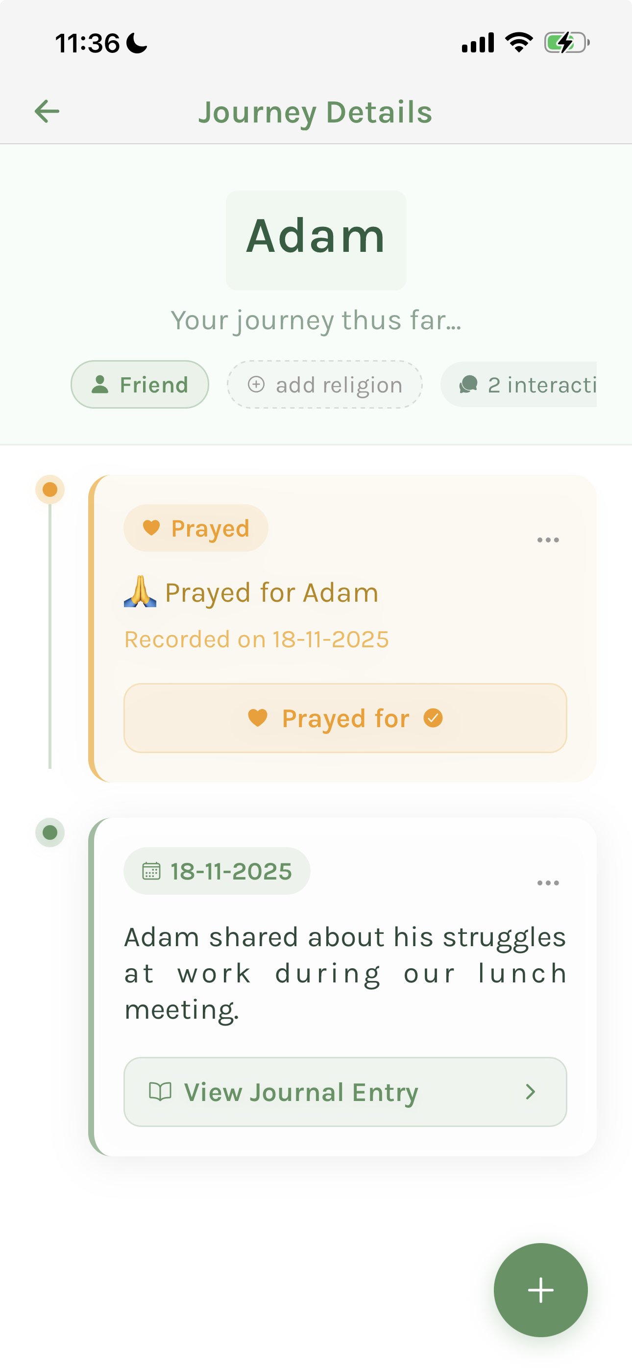 A timeline showing a history of interactions and prayers for a specific person in the Pastures app